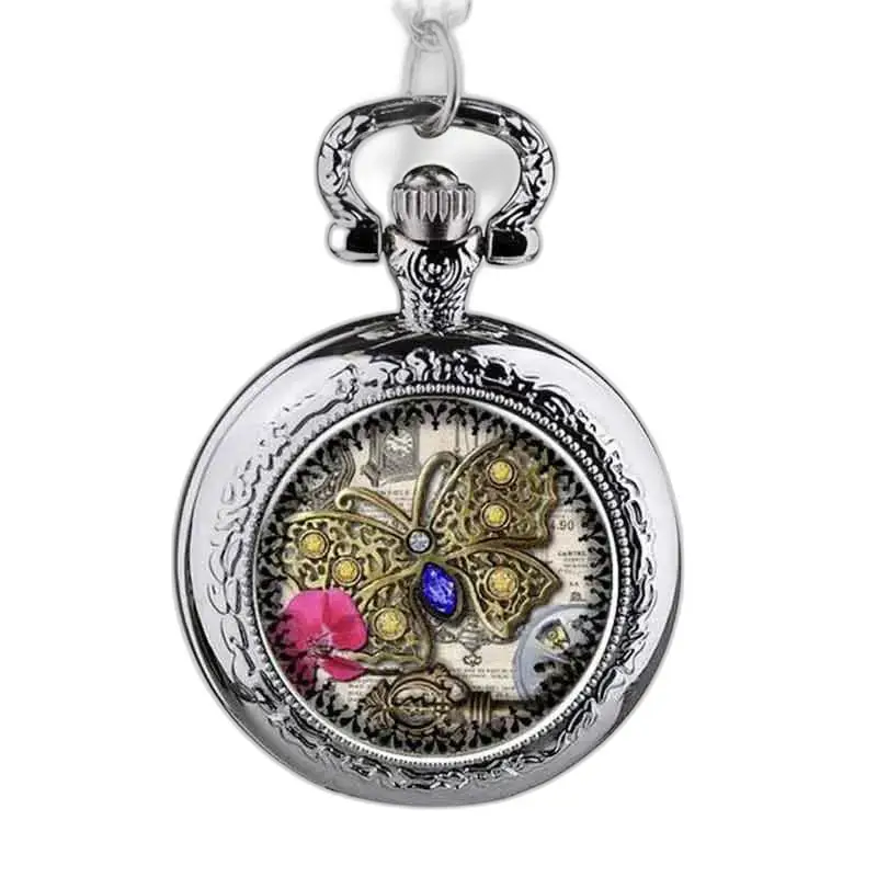 Reloj collar mariposa con piedras preciosas, reloj colgante plata