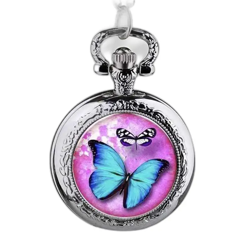 Reloj Collar Mariposa Rosa y Azul con diseño de mariposa plateada