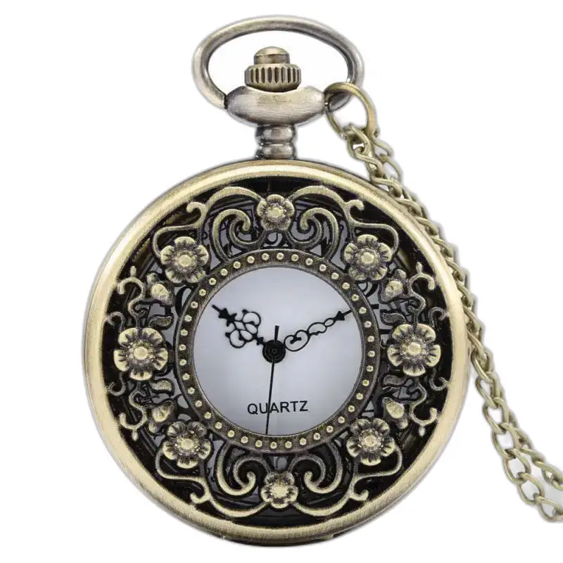 Reloj retro vintage con collar de bronce adornado con flores y cadena elegante