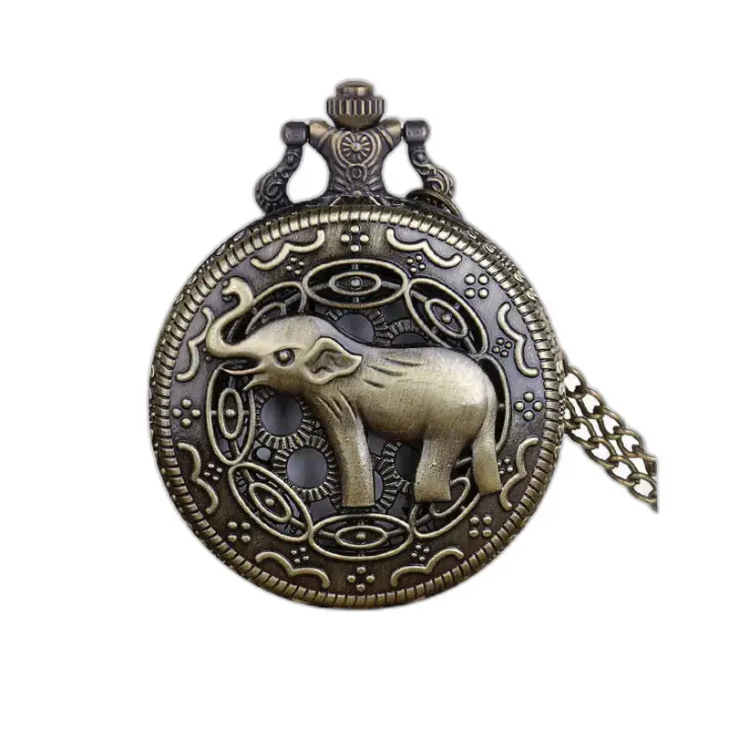 Reloj de bolsillo con elefante de bronce Reloj con collar de elefante vintage Esfera blanca Elegante
