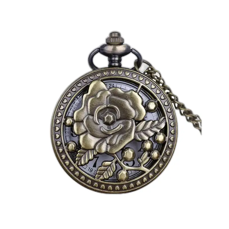 Reloj vintage con collar de bronce y flor de rosa con una delicada esfera en forma de rosa