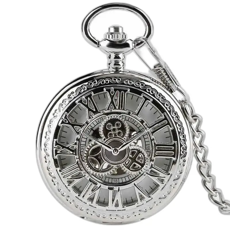 Reloj de bolsillo de lujo con refuerzo de diamantes plateados y cadena, elegante diseño esqueletizado