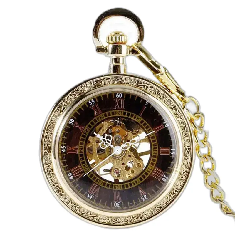 Reloj de bolsillo de lujo con zafiro dorado y cadena y acabado dorado