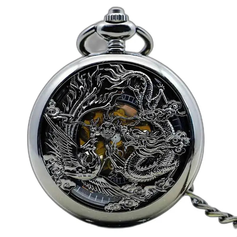 Reloj de bolsillo Steampunk Erbium Luxe Gusset con diseño de dragón y fénix en plata