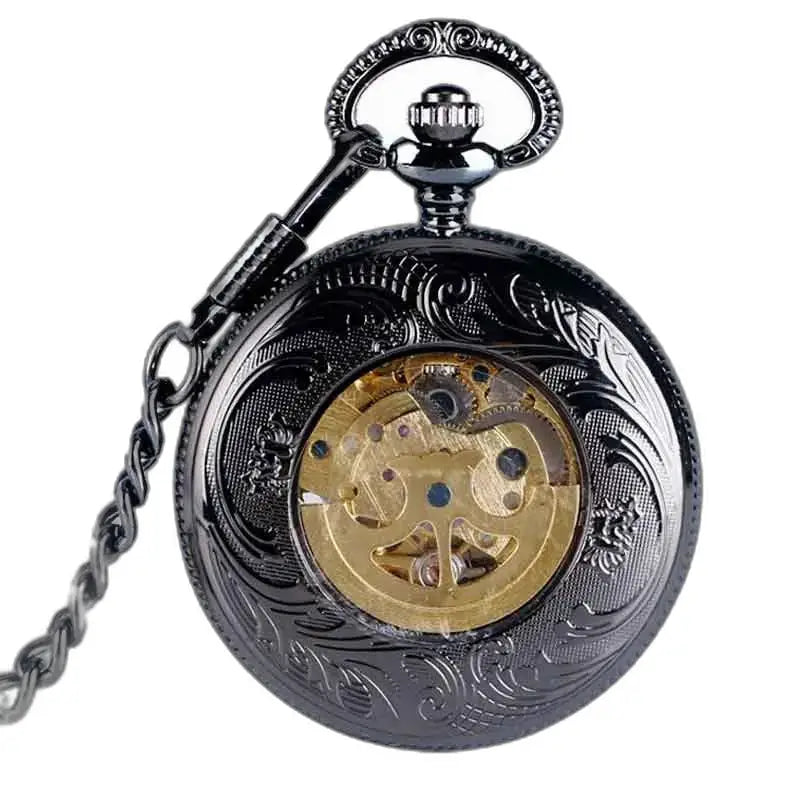 Reloj de bolsillo Steampunk con fuelle de rodio y diseño ornamentado en negro