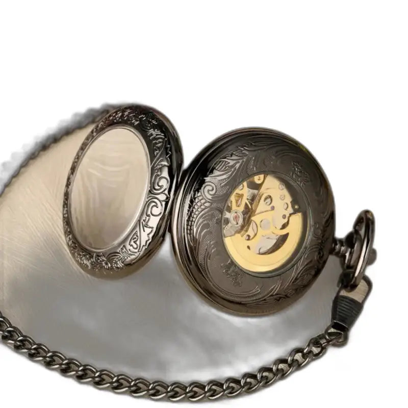 Rusticgem Reloj de bolsillo automático abierto negro con cadena de diseño ornamentado