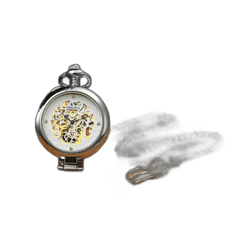 Exquisito reloj de bolsillo mecánico para hombre dorado con cadena y reloj esqueleto plateado
