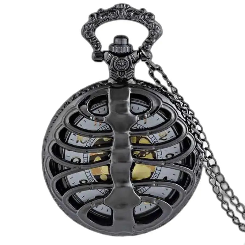 Reloj de bolsillo Steampunk Palladium con caja torácica esqueleto negra