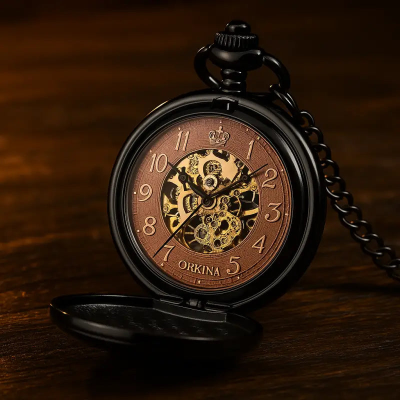 Reloj de bolsillo de lujo con cuerda manual y movimiento mecánico, estilo elegante.