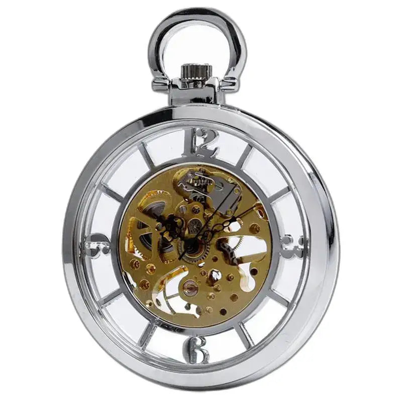 Reloj de bolsillo esqueleto con cuerda manual y esfera esqueleto de metal plateado