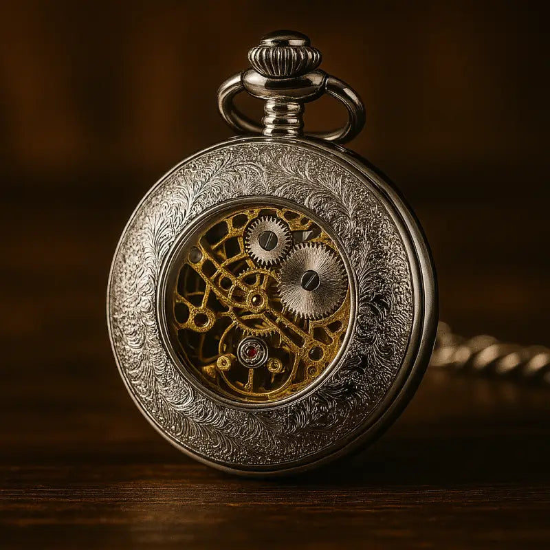 Caja de regalo de reloj de bolsillo plateada de lujo con una elegante esfera esquelética plateada