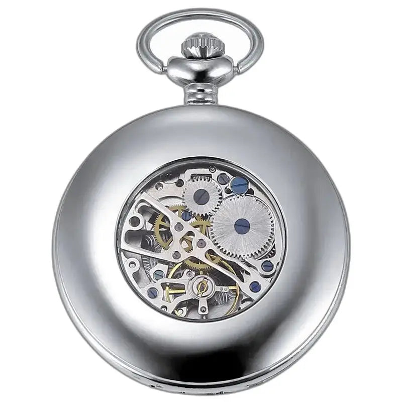 Reloj de bolsillo azul de lujo con movimiento mecánico y caja plateada.
