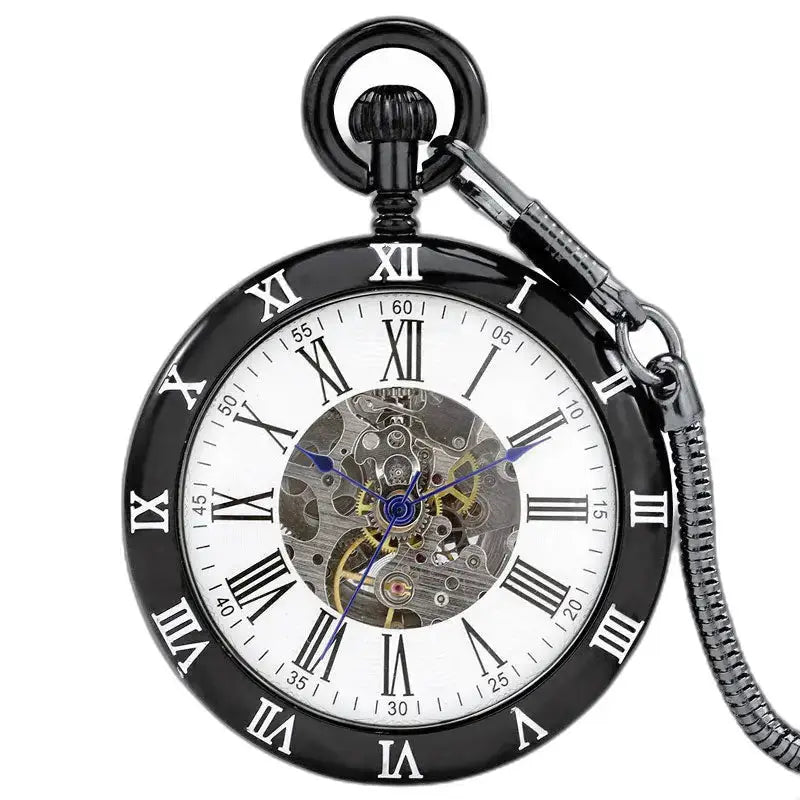 Reloj de bolsillo mecánico abierto clásico negro con mecanismo visible y engranajes negros
