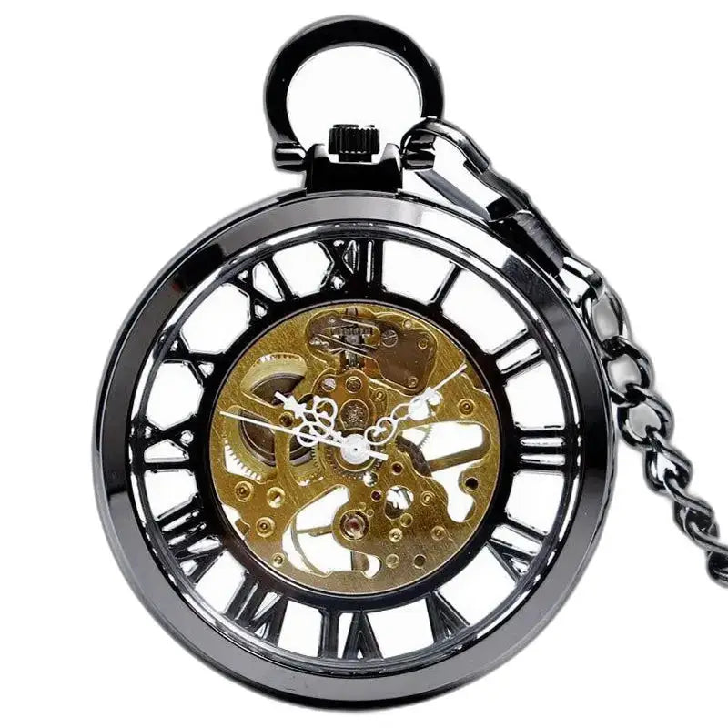 Reloj de bolsillo moderno esqueleto plateado para hombre y mujer con cadena y diseño elegante