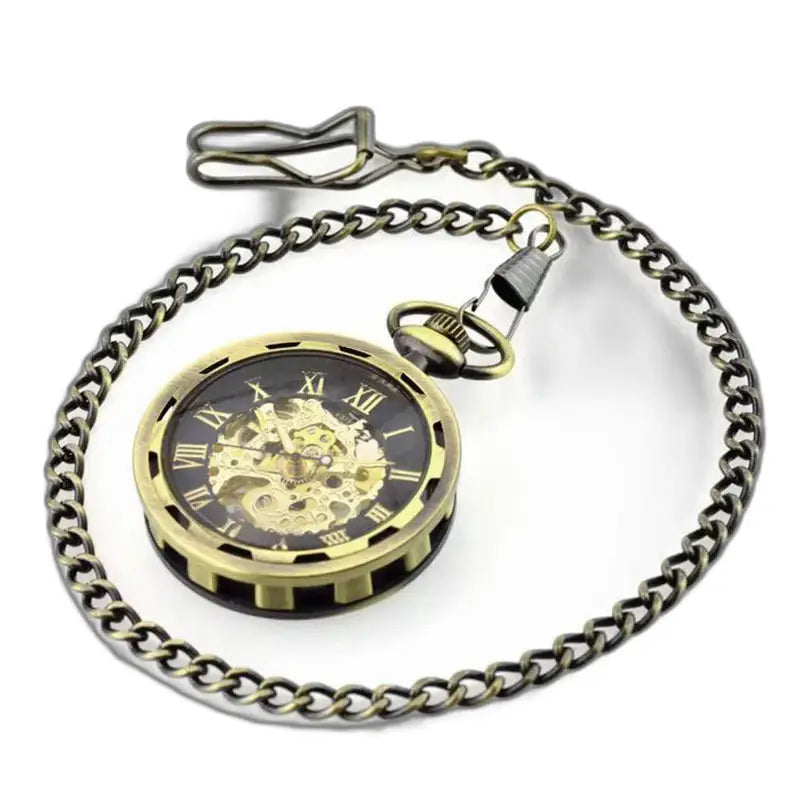 Reloj de bolsillo esqueleto de lujo para hombre y mujer con cadena de bronce y diseño elegante