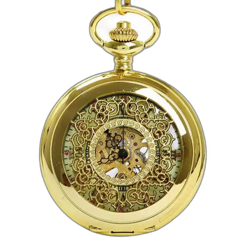 Reloj de bolsillo Steampunk en oro, mecánica visible, pepita de oro real.
