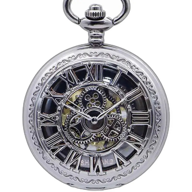Reloj de bolsillo Steampunk con engranajes, elegante reloj de bolsillo plateado