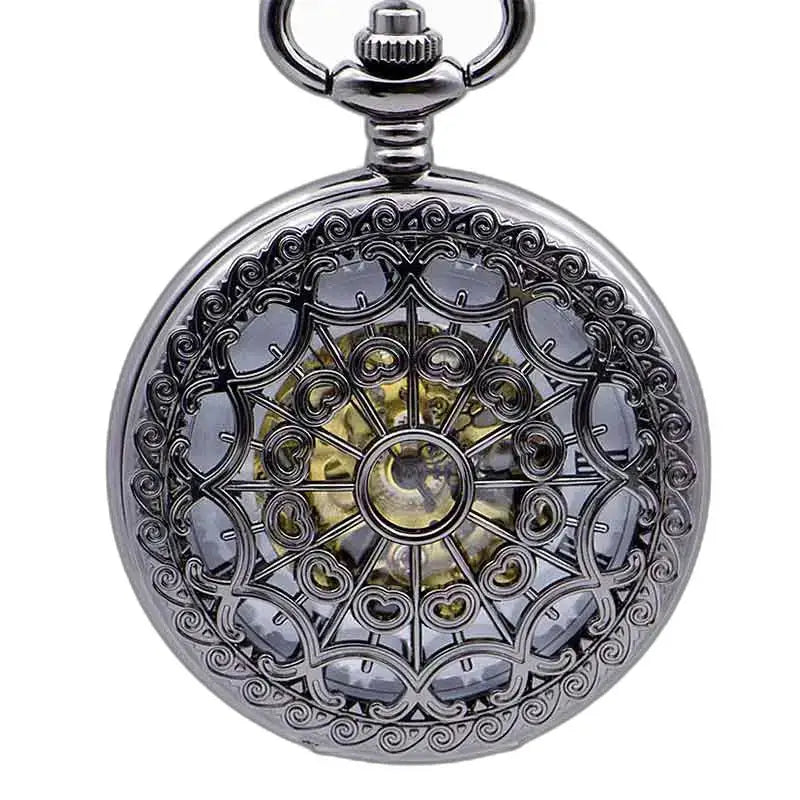 Reloj de bolsillo Steampunk de alpaca con mecanismo visible en plata adornada