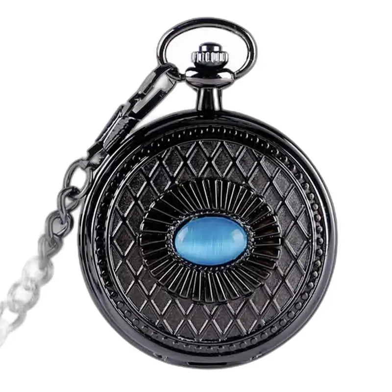 Reloj de bolsillo mecánico steampunk con zafiro azul y elegante caja negra