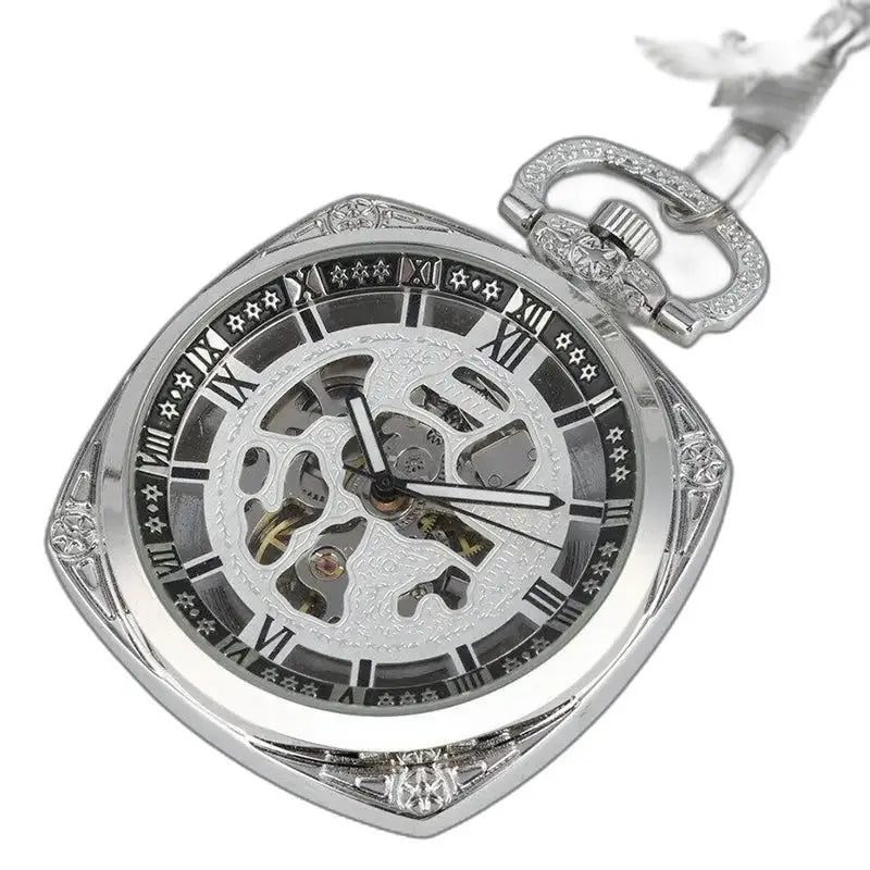 Reloj de bolsillo para hombre moderno y elegante con elegante caja plateada.