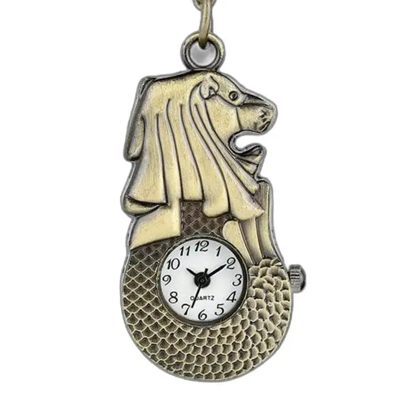 Reloj de león vintage con pulsera de cadena de bronce en forma de Merlion