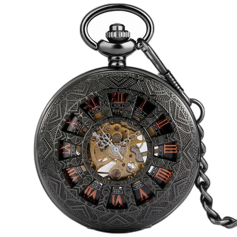Reloj de bolsillo Steampunk Iridium de diseño gótico con esfera negra adornada