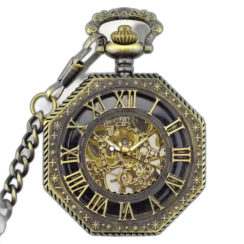 Reloj de bolsillo de bronce para hombre Steampunk con mecanismo de cadena y esqueleto