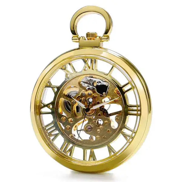 Reloj de bolso esqueleto pirita acero dorado movimiento mecánico