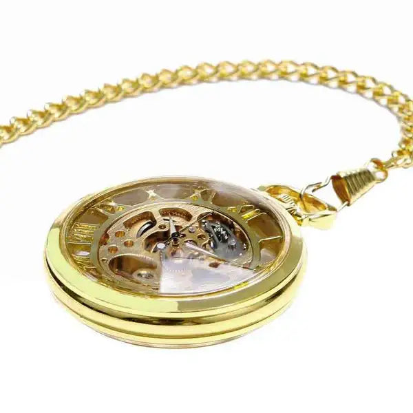 Reloj de bolso esqueleto pirita acero dorado movimiento mecánico