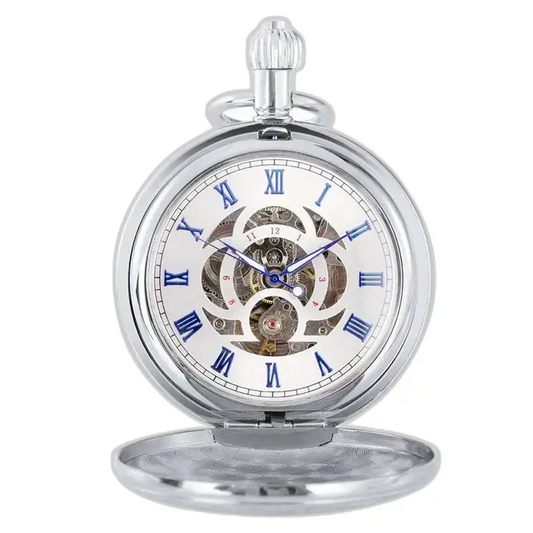 Reloj de bolsillo automático grabado para hombre, esfera esqueleto abierta, números romanos azules