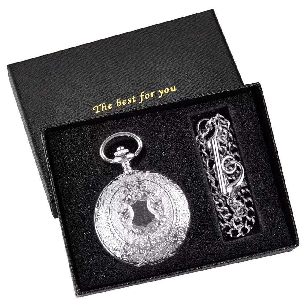 Reloj de bolsillo automático grabado para hombre, presentado con su cadena en su caja de regalo negra "The Best For You"