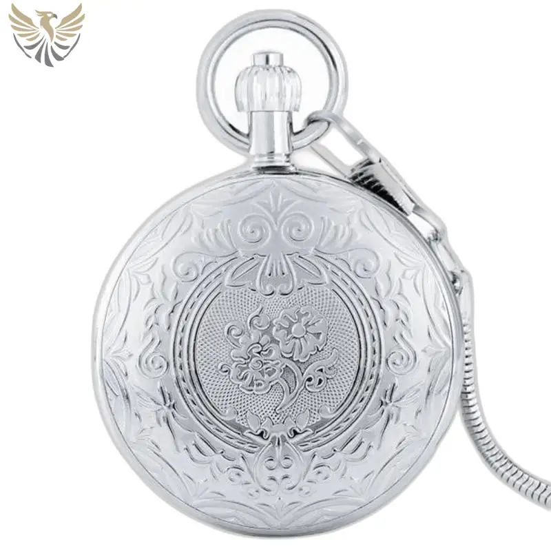 Reloj de bolsillo automático grabado para hombre, cubierta con motivo floral grabado y cadena de bolsillo