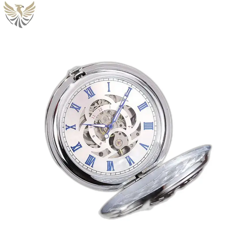 Reloj de bolsillo automático grabado para hombre: vista lateral, caja abierta, mecanismo esqueleto visible