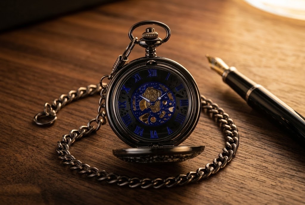 Montre à Gousset Mécanique Chasseur Phénix - Noir profond, squelette bleu